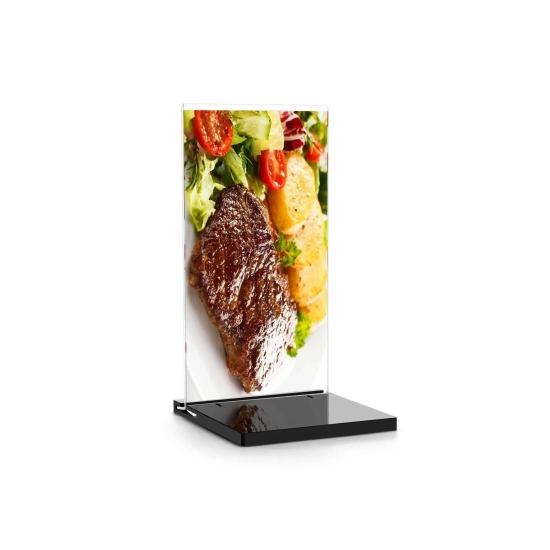 Μαύρη διαφημιστική βάση διαφήμισης/μενού για τραπέζια εστιατορίου, βάση μενού σχήματος "Τ"